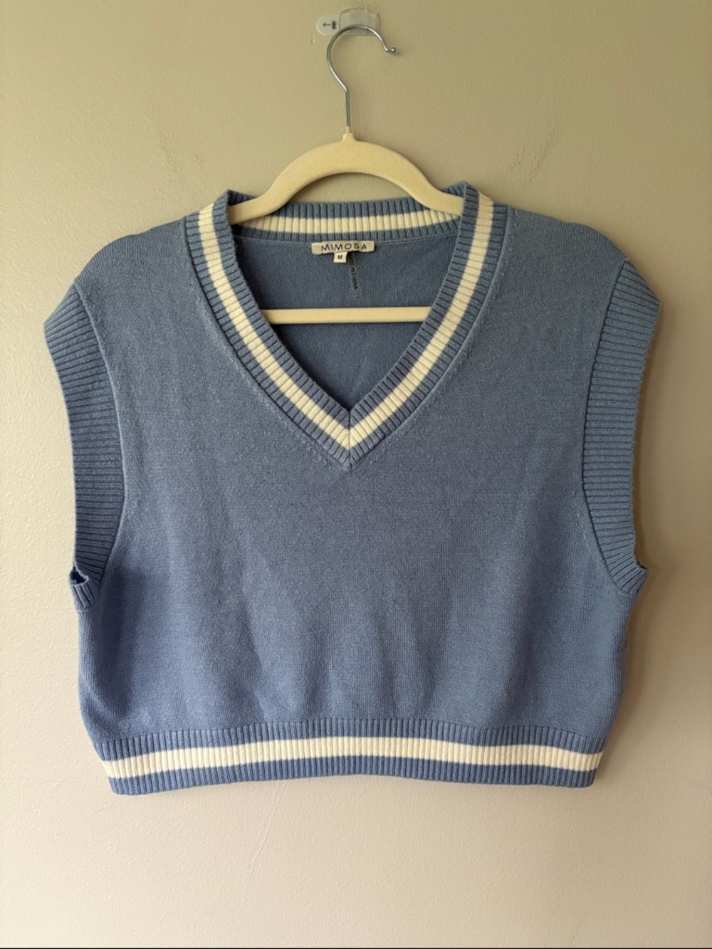 Mimosa Blue Sleeveless V-Neck Cropped Knit Preppy Sweater Vest